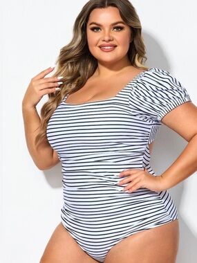 Plus Size Black & White Striped One-Piece Swimsuit